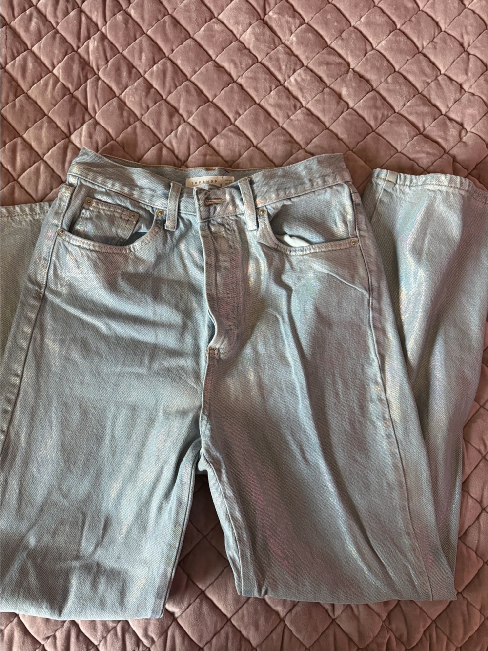 Topshop Iridescent Light Blue Straight Leg Jeans